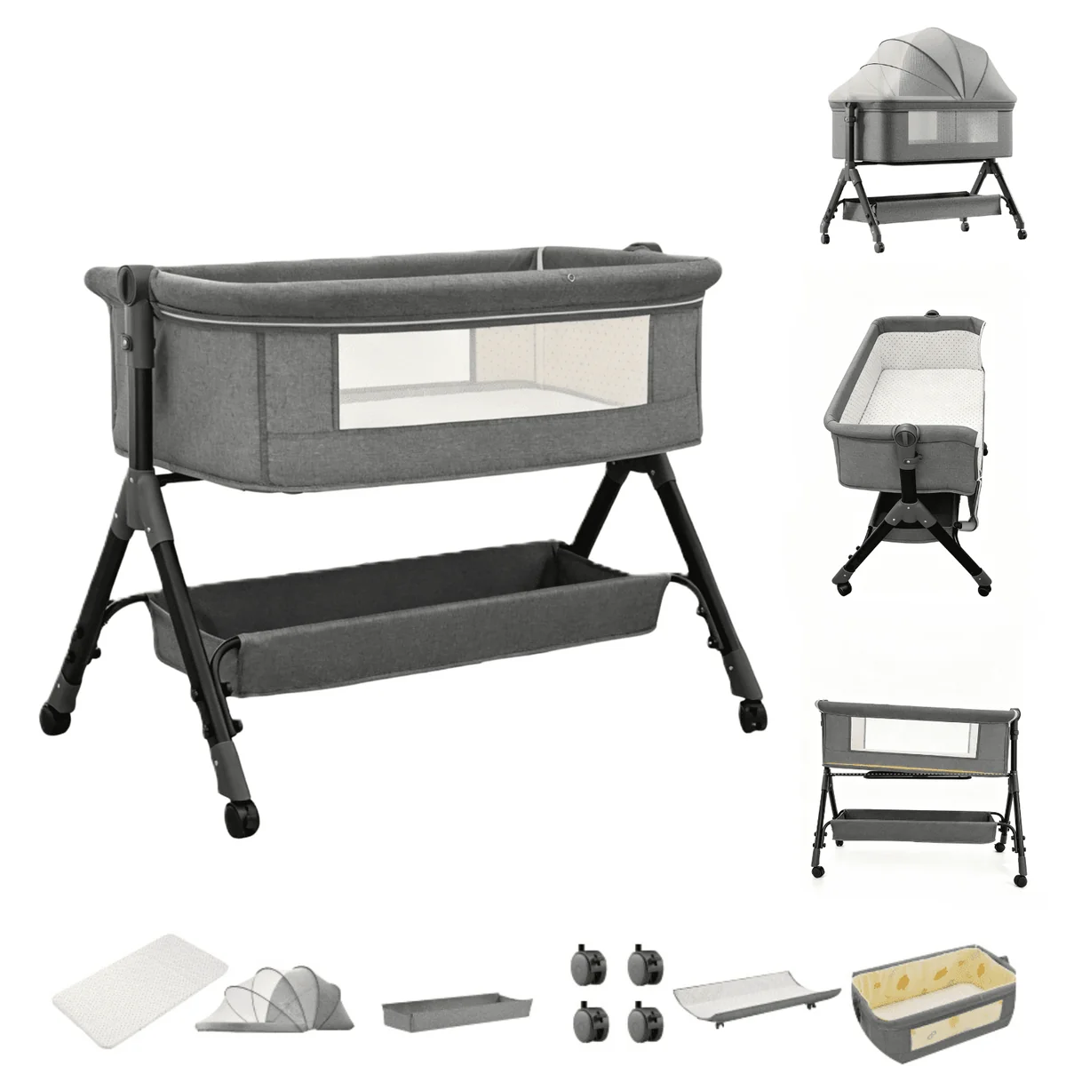 4-in-1 Baby Bedside Crib with Changing Table & Mosquito Net