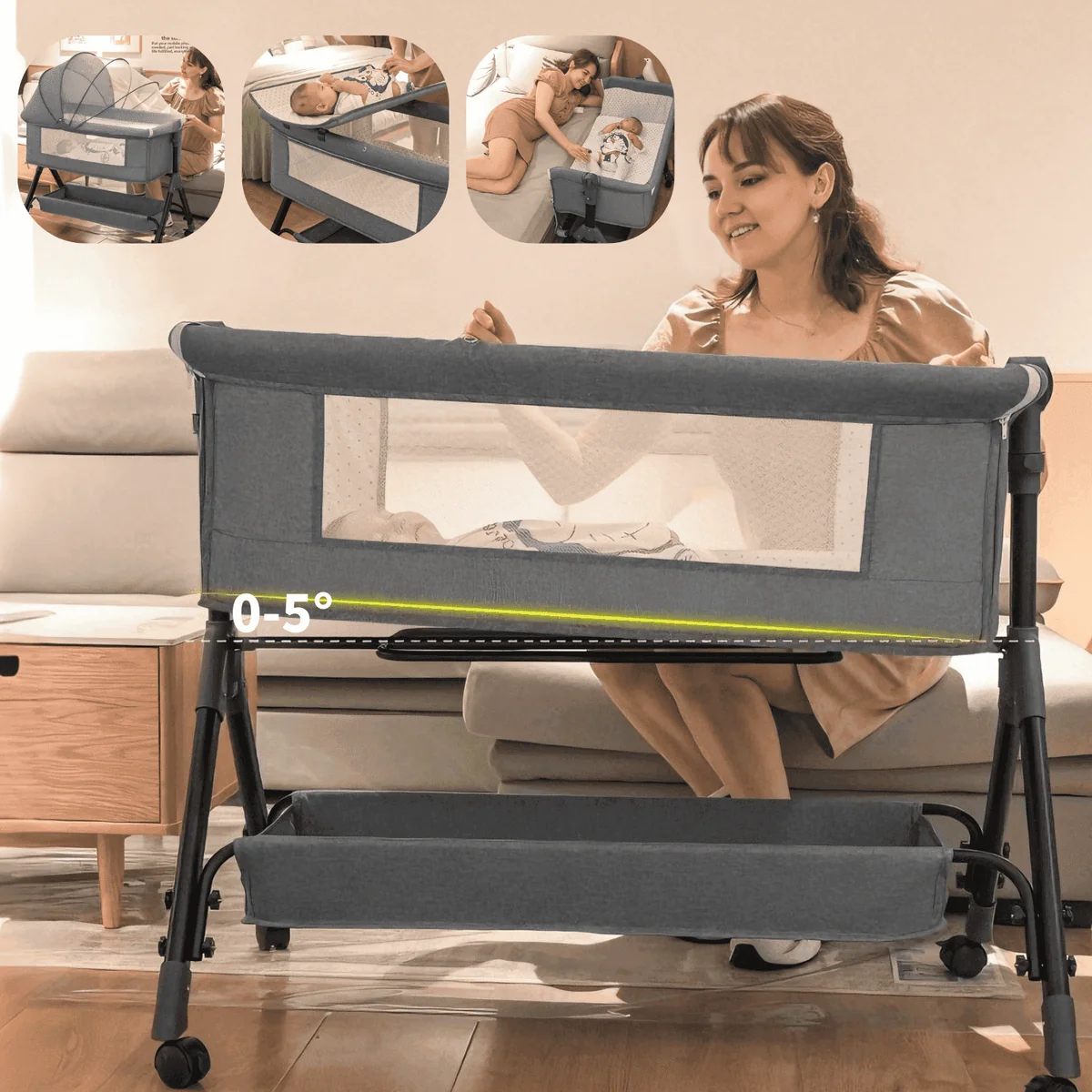 4-in-1 Baby Bedside Crib with Changing Table & Mosquito Net – photo 2