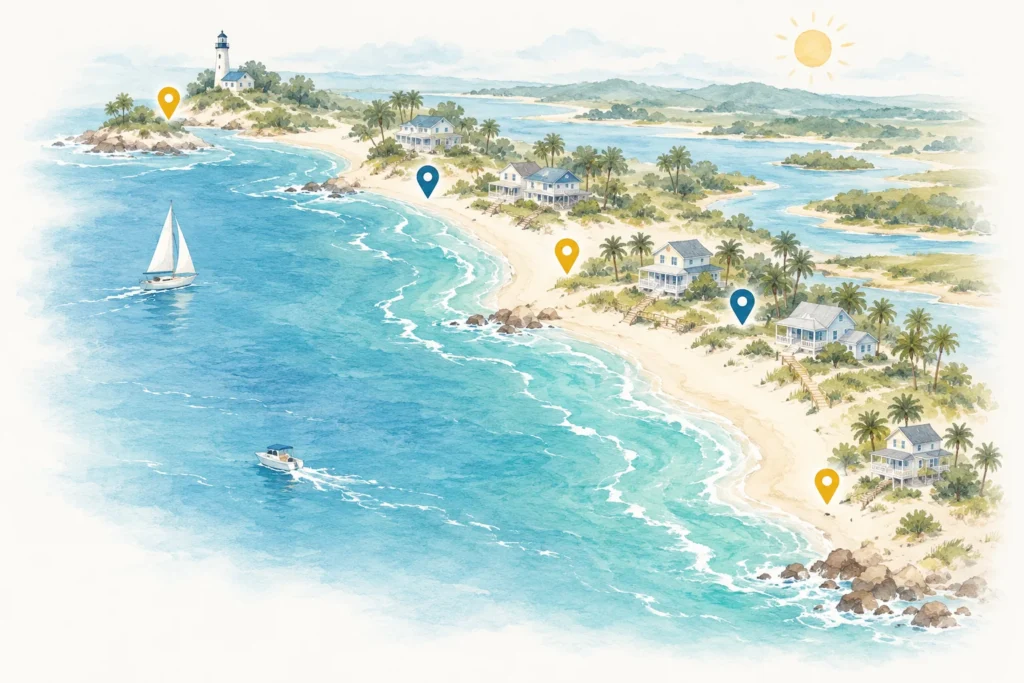 Illustrated map of the Emerald Coast shoreline with beach houses and map pins