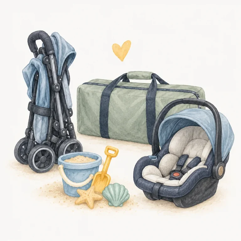 Illustration of a stroller, travel bag, car seat and beach toys