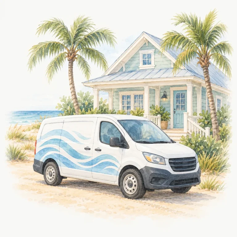 Illustration of a delivery van parked in front of a beach house